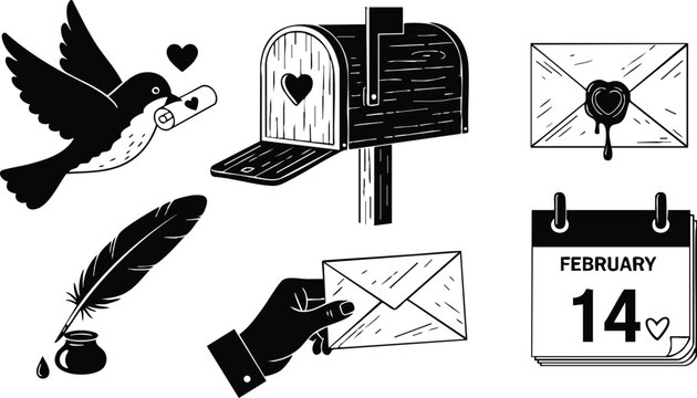 Monochrome vector art with dove carrying love letter mailbox envelope with wax seal ink quill calendar page marking february fourteen romantic valentines day theme