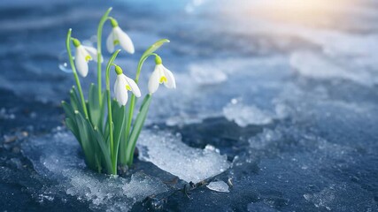 Tender white snowdrop flowers making their way through the melting ice and snow. The arrival of the first spring flowers with the sunrise