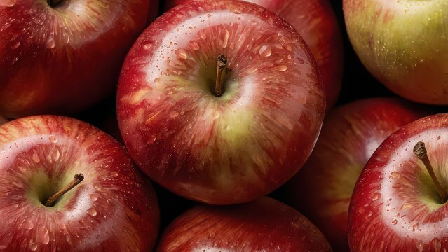 Closeup view of several fresh, ripe red apples covered in tiny water droplets