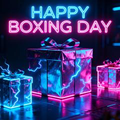 Happy boxing day neon sign glowing brightly above reflective gift boxes with blue and pink light effects