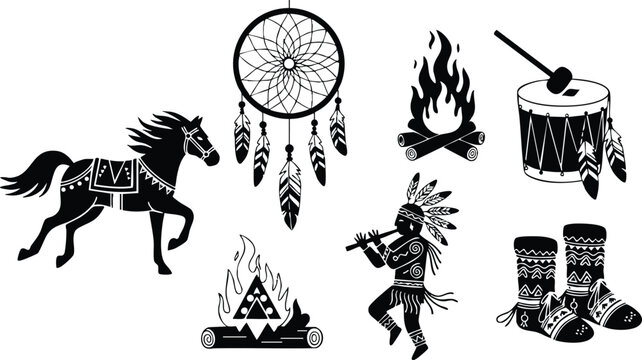 Flat black tribal vector art of horse dreamcatcher drum campfire tipi boots and flute player icons in silhouette style on white background