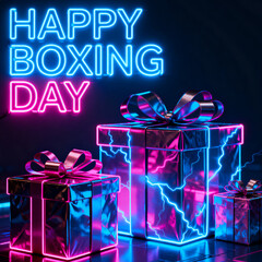 Vibrant neon lights illuminate gift boxes celebrating happy boxing day shopping and festive season