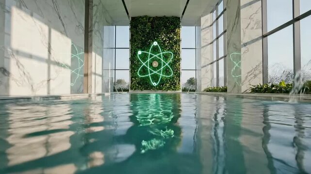Futuristic spa interior featuring a green neon atom sign on a living plant wall. Concept of clean nuclear energy, scientific wellness, and sustainable luxury architecture.Luxury indoor swimming pool 