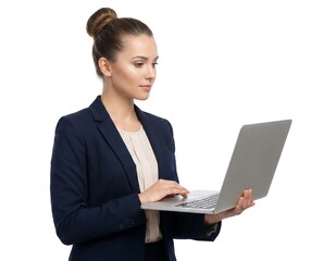 Young businesswoman in navy suit stands, typing on a silver laptop with a focused expression, side view.