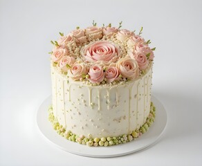 Pistachio rose cake with white color background.