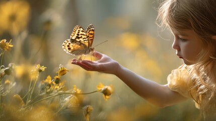 A young child extends her hand inviting a butterfly to land as she explores a vibrant flower field at sunset. The soft light creates a magical atmosphere.