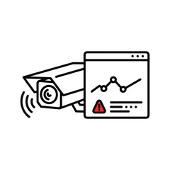 Line art illustration of a security camera monitoring a digital interface with data analysis and a warning alert