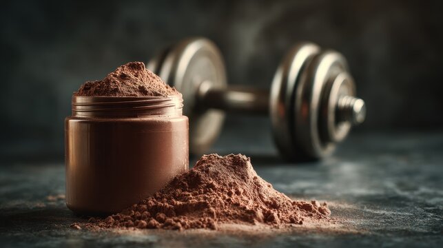 A jar of protein powder surrounded by a mound of powder with a dumbbell in the background, representing fitness and nutrition.