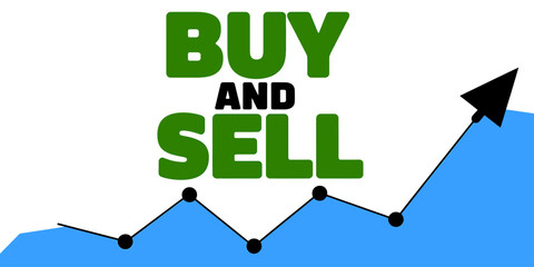 Buy and sell text with increasing stock market chart graphic