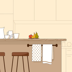Modern kitchen breakfast bar with fresh fruit and clean towels