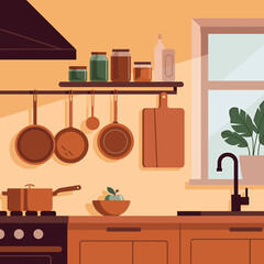 Modern minimalist kitchen with cooking utensils and potted plant