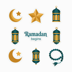 Ramadan begins with islamic symbols, lanterns, tasbih, flat art