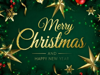 Elegant golden merry christmas and happy new year text with festive stars and bokeh on a dark green background