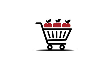 Online shopping cart icon with three red apples, fresh produce