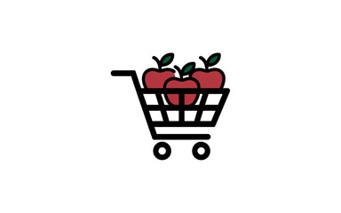 Shopping cart with fresh red apples, healthy food grocery icon