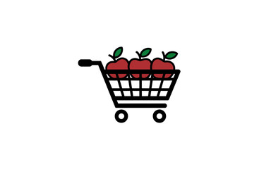 Shopping cart filled with three red apples, simple illustration