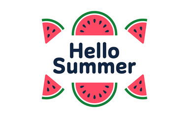 Hello summer greeting with fresh watermelon slices vector design