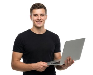 Confident smiling young man holding an open laptop, looking directly at the camera, ready to work and connect.