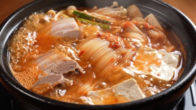Close Up of Kimchi Jjigae Served in a Black Pot with Fresh Green Onions Mushrooms Tofu and Pork Belly Against a Neutral Background