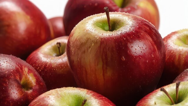 Closeup of fresh, ripe red apples with water droplets glistening