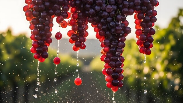 Red Grapes Hanging in Vineyard with Water Droplets in Sunlight