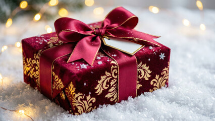 Fototapeta premium Luxurious Red Velvet Christmas Gift Box with Gold Pattern and Ribbon on Snow with Bokeh Lights