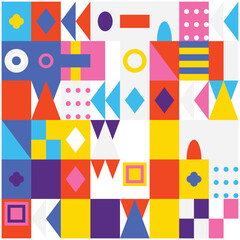 Colorful Geometric Pattern with Triangles Circles Squares and Diamond Shapes