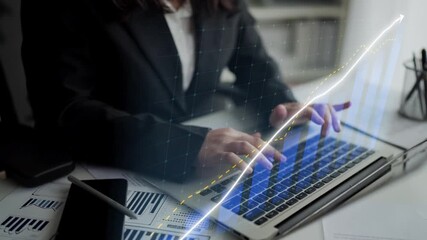 A business professional focuses on financial data analysis using a laptop in a modern office. Graph overlay symbolizes growth and strategic planning for success. Copula - Powered by Adobe