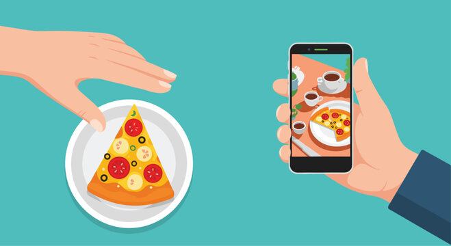 Hand holding a smartphone to take a photo of a pizza slice before another person reaches to eat it for social media sharing.