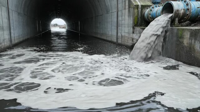 Industrial Water Discharge Flow from Large Pipe into Channel with Foamy Surface