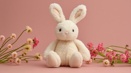 Obraz premium A plush bunny toy sits comfortably in the center flanked by vibrant flowers against a gentle pink backdrop. The scene evokes a warm and playful atmosphere perfect for a childs room.