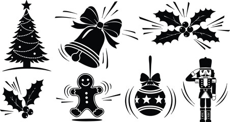 Monochrome vector art of christmas tree bell holly gingerbread cookie bauble and saluting nutcracker toy soldier with motion lines in playful festive style