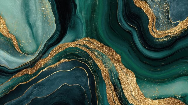 Vivid abstract layers of green teal and dark blue swirl together with elegant gold accents creating a dynamic and luxurious visual experience ideal for modern decor.