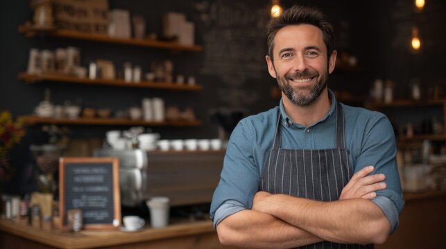 A cheerful barista wears an apron crossing his arms as he stands in a warm cafe. The inviting space features wooden shelves filled with coffee essentials and decor.