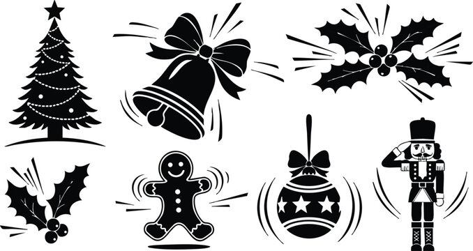Monochrome vector art of christmas tree bell holly gingerbread cookie bauble and saluting nutcracker toy soldier with motion lines in playful festive style