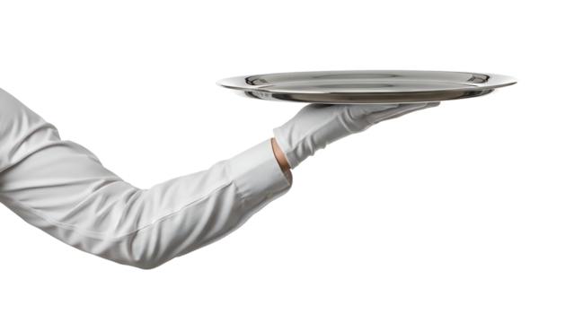 Professional server's gloved hand holding an empty silver tray