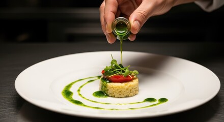 Artistic Cinematic Action of Chef Drizzling Glistening Herb Oil Over Plated Dish.jpeg