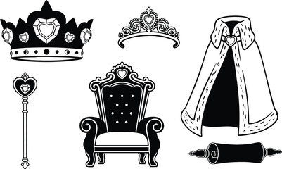 Fototapeta premium Flat vector art of royal throne crown tiara cloak scepter and scroll with heart motifs in black and white line style for princess party graphics