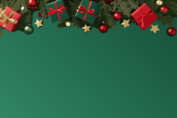 Festive christmas gifts and ornaments arranged against a dark green background