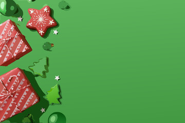 Red christmas gifts stars and green decorations on a verdant background