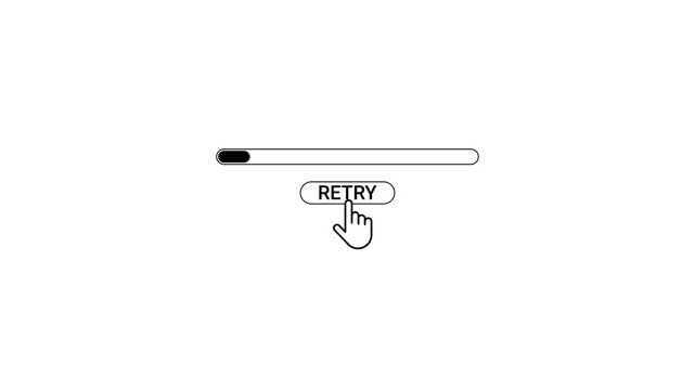 Loading bar with a hand cursor clicking the " RETRY" button on a white background progress bar retry