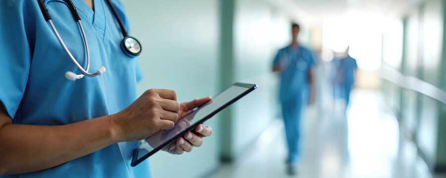 Nurse in blue scrubs uses tablet computer in hospital hallway. Medical staff walks in background. Healthcare pro uses modern tech for patient care.