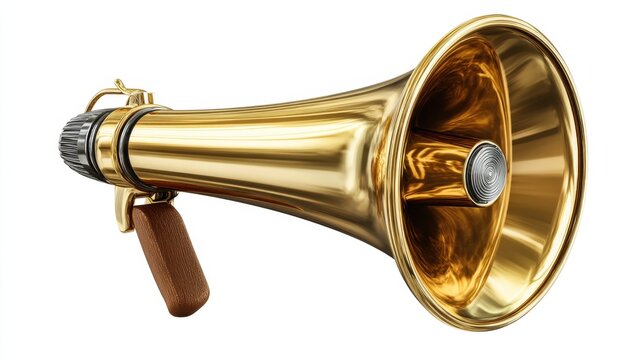 A vintage brass megaphone is displayed against a white background. This megaphone features a polished finish and a wooden handle typical of classic sound amplification tools.