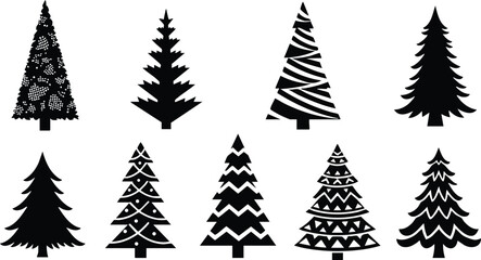 Obraz premium Black silhouette vector art of eight different christmas tree icons in two rows with geometric decorations and stylized branches for festive winter holiday design projects