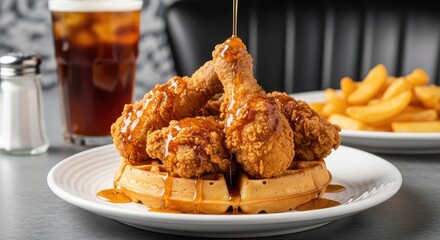 Golden Duo: A plate of delectable fried chicken and a golden waffle, drizzled with sweet syrup, complemented by a refreshing glass of iced beverage.