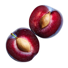 Ripe purple plum cut in half revealing its vibrant red flesh and a visible seed, close-up studio shot, fresh fruit detail