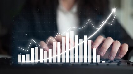 Business professional analyzing data trends with digital graph overlaid on keyboard in office environment during work hours Copula - Powered by Adobe