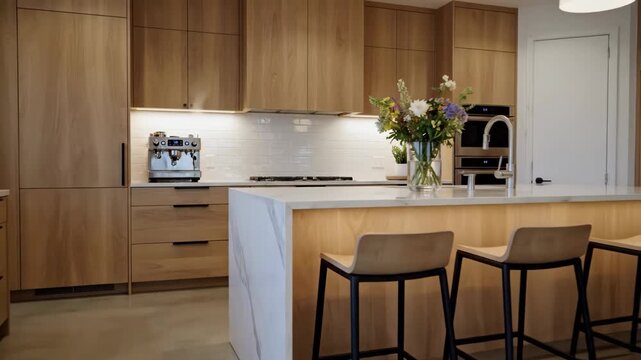 Modern kitchen design showcasing sleek countertops and stainless steel espresso maker for upscale home living and culinary experience