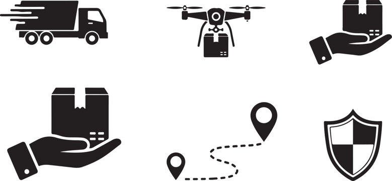 High-contrast silhouette delivery and shipping icon set featuring truck, drone, package handoff, map route, tracking pin, and secure shield on white background.