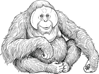 Detailed hand-drawn sketch of a smiling adult Bornean Orangutan, full body sitting pose, black and white outline, endangered primate wildlife vector illustration © Amol Chandra